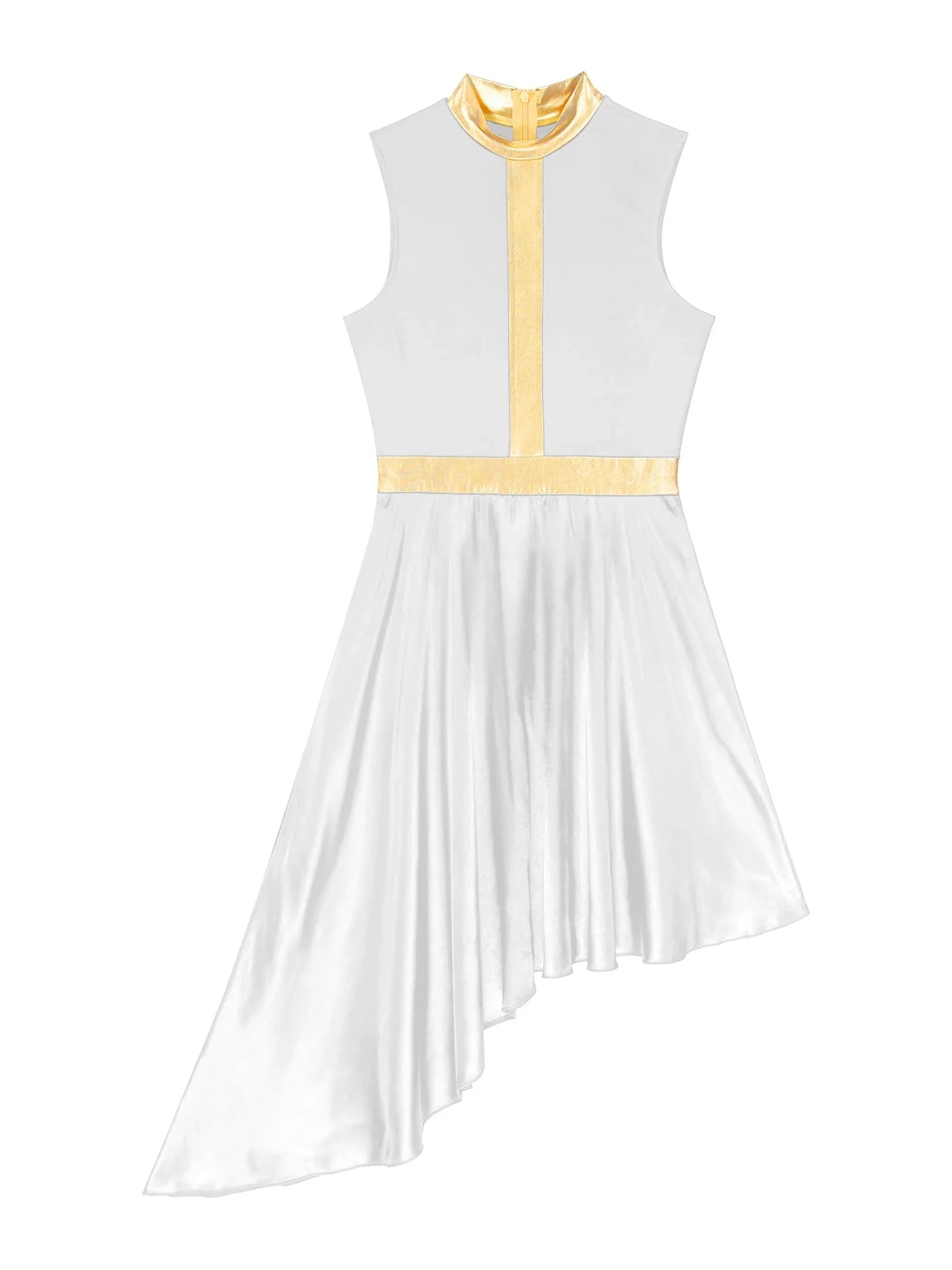 Women Lyrical Dance Dress Color Block Patchwork Invisible Zipper Back Flowy Asymmetrical Hem Sleeveless Dresses Dancewear