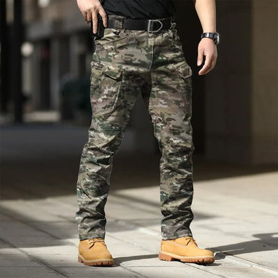 Men Solid Color Casual Cargo Multi Pocket Long Pants Outdoor Hiking Camping Climbing Stretch Waterproof Trousers