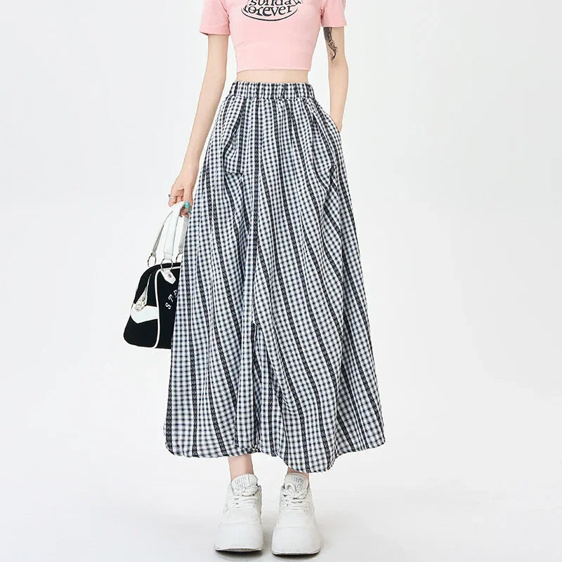 Summer Women Checkered A Line Skirt High Waist Slim Fit Pleated Length Fashion Irregular Contrast Colors Flowy Swing Style