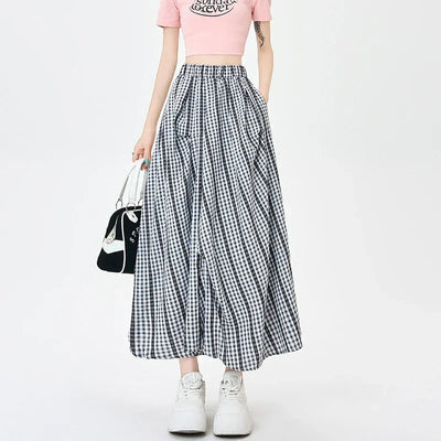 Summer Women Checkered A Line Skirt High Waist Slim Fit Pleated Length Fashion Irregular Contrast Colors Flowy Swing Style