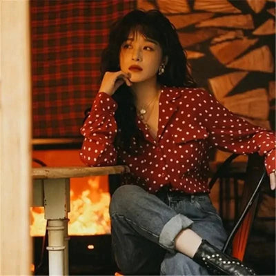 Top V-neck Red Polka Dot Shirt for Women
