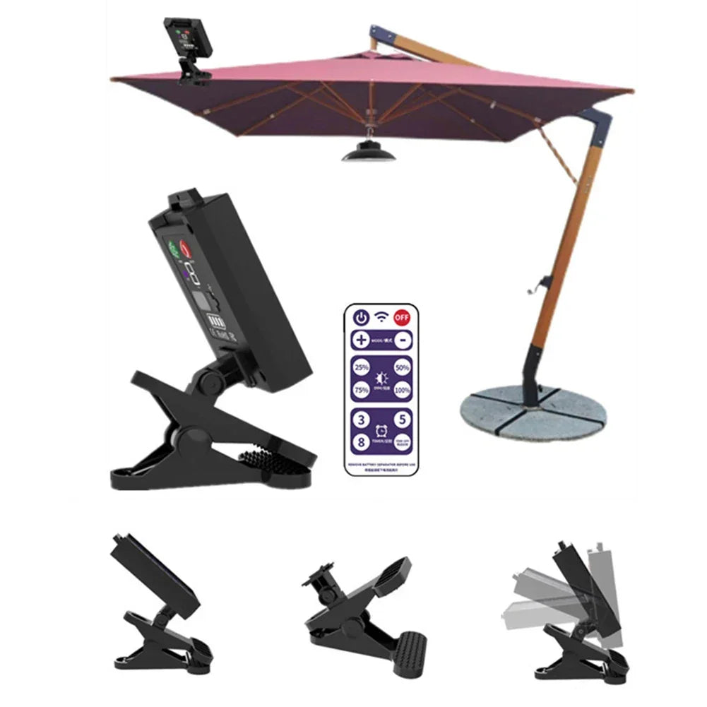 Solar Patio Umbrella Light IP65 Waterproof Clip-On Umbrella Lamp Power Display Umbrella Pole Light for Beach Camping Tent Party