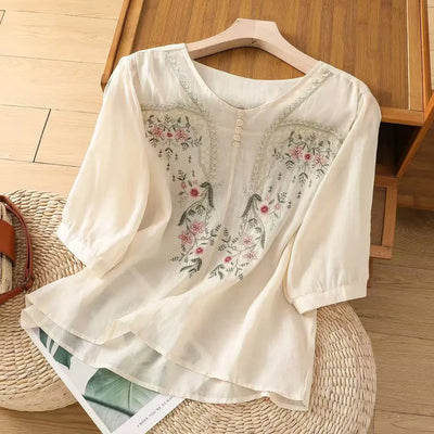 Linen V-neck EmbroideryTop For Women