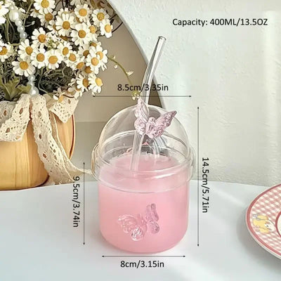 400ML Glass Cup with Lid and Straw, Butterfly Design Round Glass Drinkware, Multipurpose for Coffee, Milk, Cold Drinks, Juice