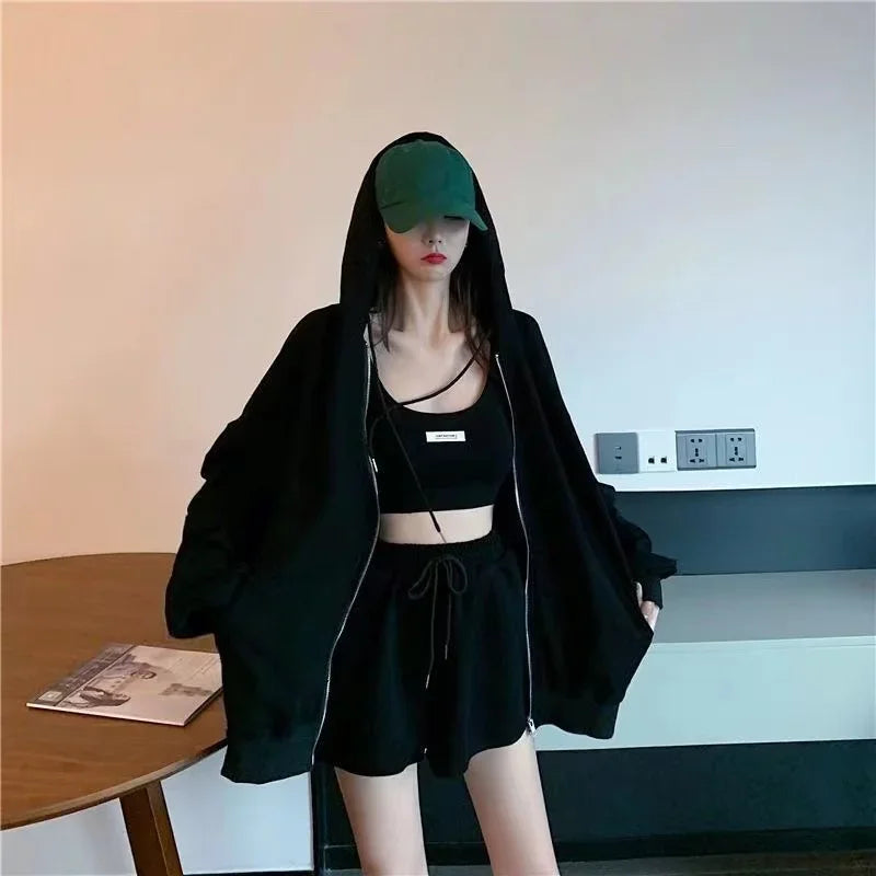 Casual Shorts Three 3 Piece Sets Women Vest Drawstring Shorts Hooded Zipper Jacket Sportswear Suits Female Solid Sports Hoodie