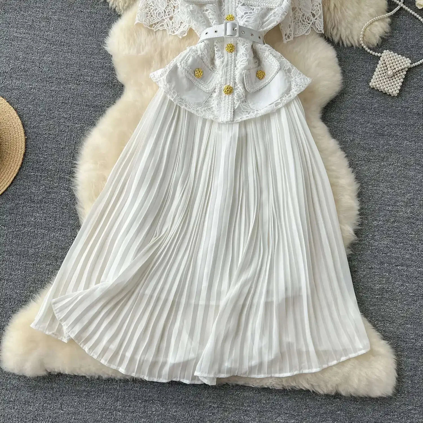 Designer 2025 Summer Pleated Chiffon Lace Long Dress Women Flower Embroidery Gold Button Belt Evening Party Dresses Wedding Robe