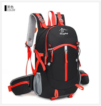 Fashionable and Wear-Resistant Outdoor Travel Backpack, Black and Red Contrasting Color Large-Capacity Mountaineering Bag with Waterproof Cover