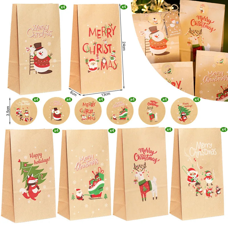 Christmas Gift Bags Kraft Paper Bag Candy Cookie Packaging Pocket Xmas Advent Calendar Digital Sticker Packing Supplies 24pcs