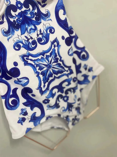 Fashion Design Women's Swimsuit Designer Brand Blue White Porcelain One-piece Beach Swimwear