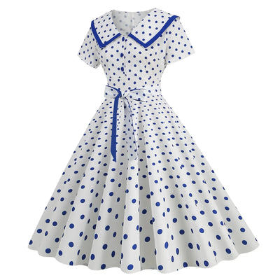 Polka Dot Print Vintage Dress For Women A Line Temperament Lapel Cocktail Party Dresses Ladies Slim Long Dresses With Belt