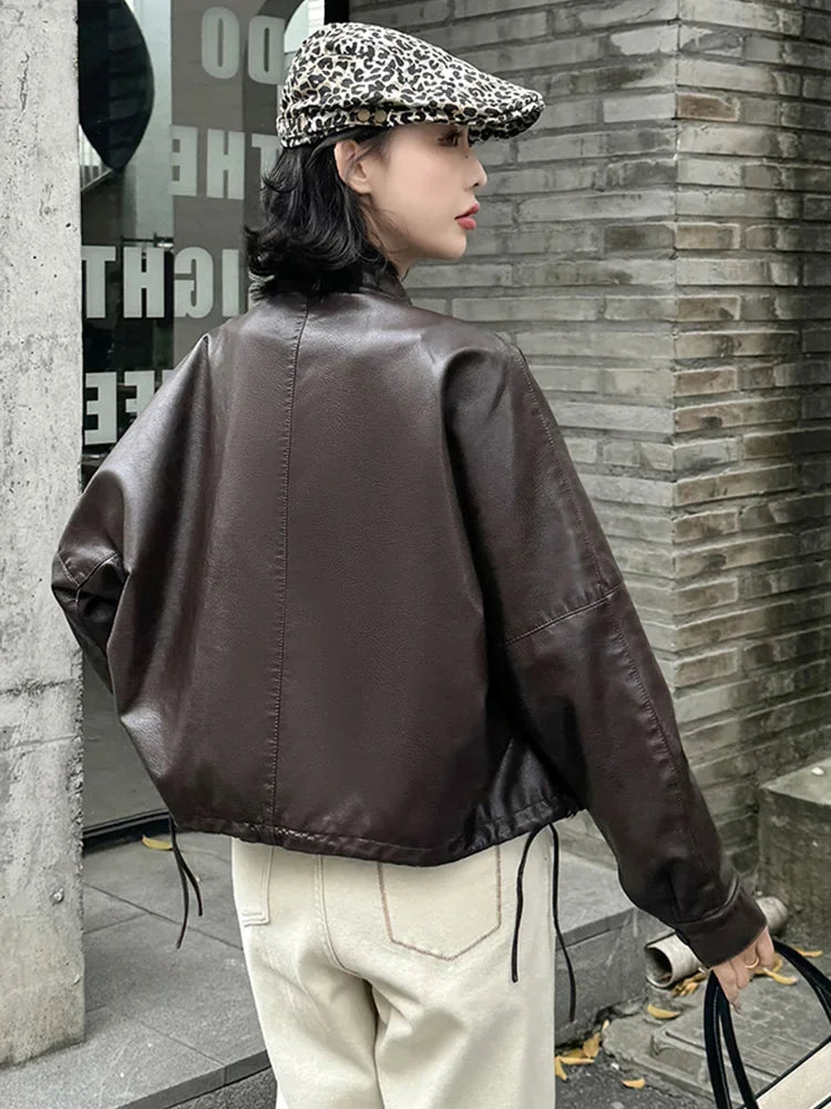 Women Blue Biker Pu Jackets Retro Streetwear Long Sleeve Moto Short Coats Casual O Neck Korean Fall Winter Pockets Outwear New