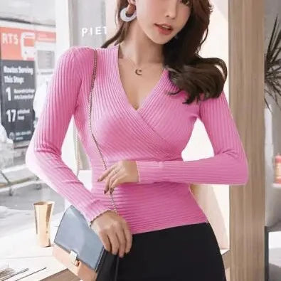 Short Basic Sweaters Women 2025 Sexy Deep V Neck Sweater Women's Pullover Slim Bottoming Sweaters Female Elastic Cotton Tops