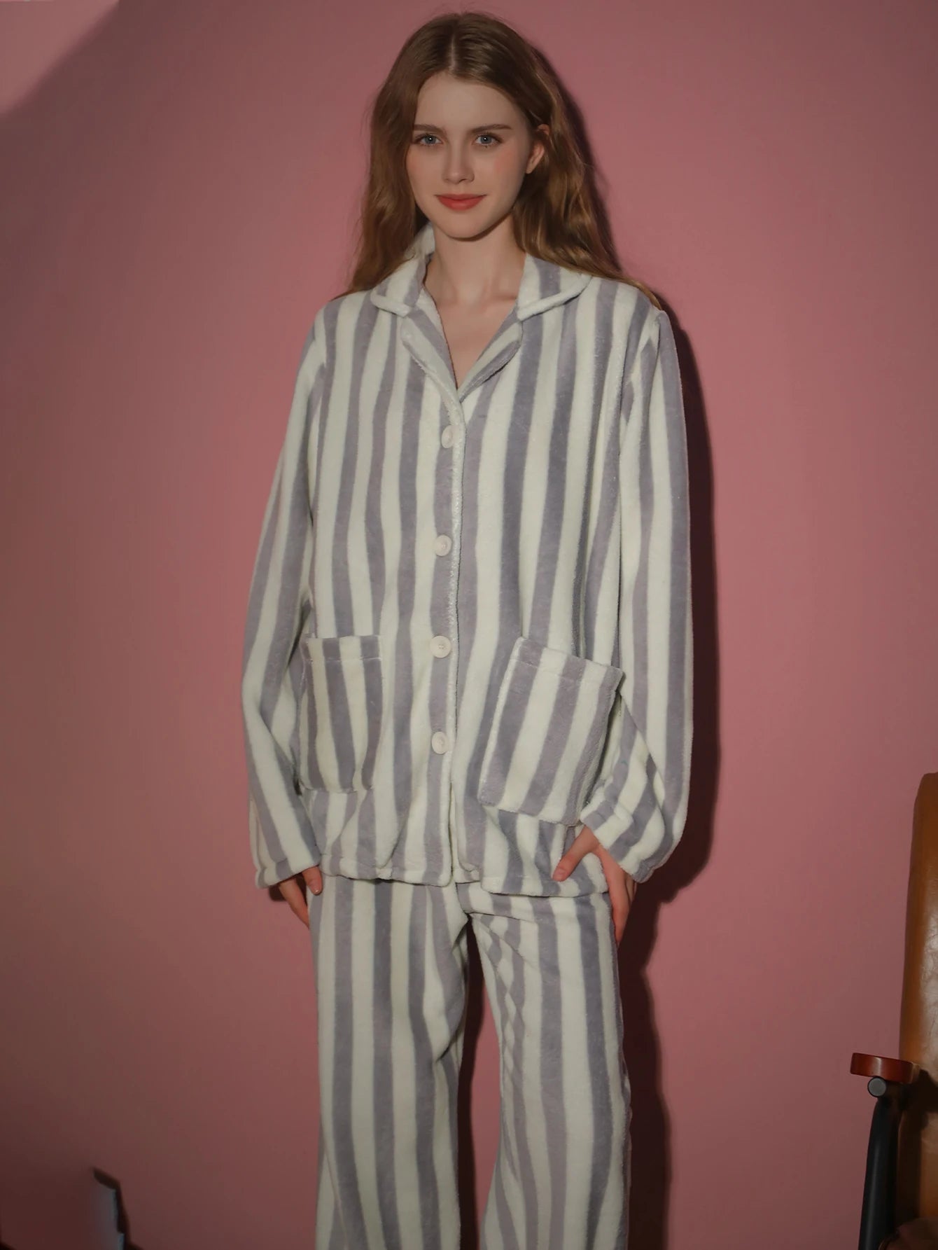 2-piece set of women's pajamas autumn and winter flannel striped long sleeved pants set thick cardigan home clothes
