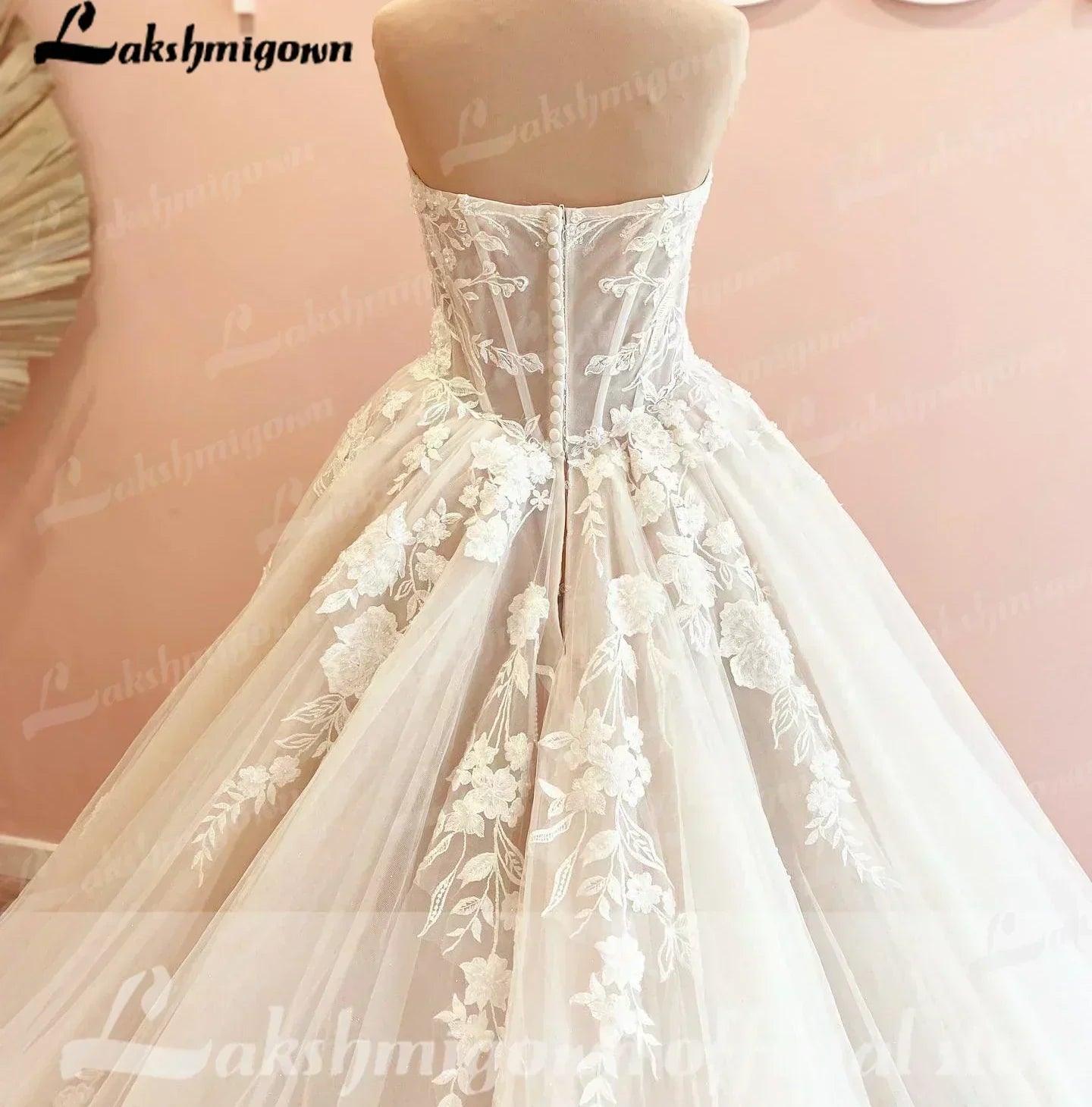 Court train wedding dress customized lace bodice bridal gown