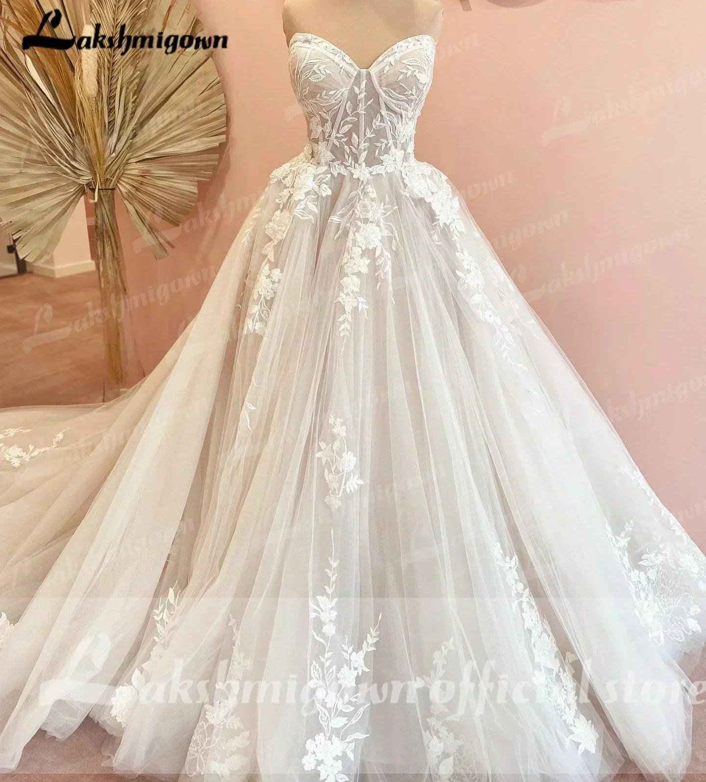 Court train wedding dress customized lace bodice bridal gown