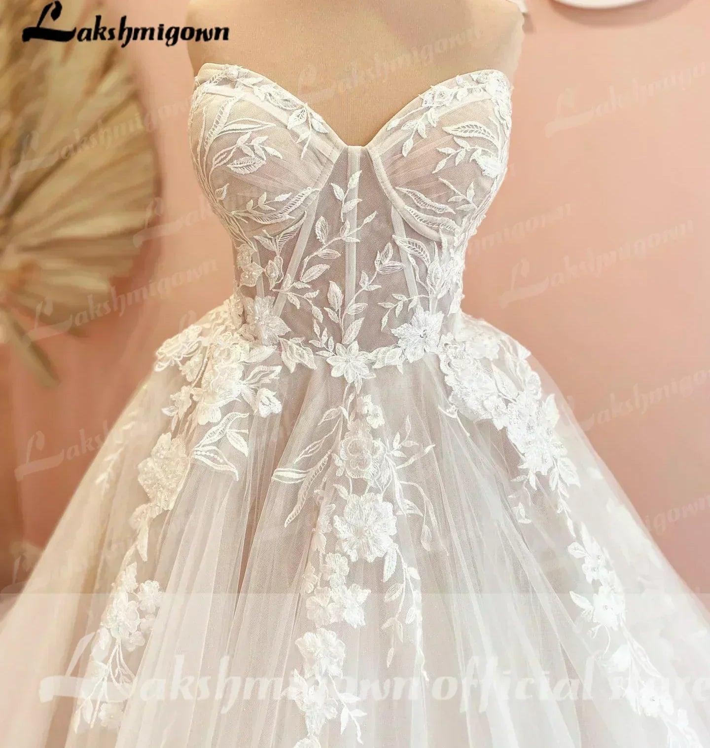 Court train wedding dress customized lace bodice bridal gown