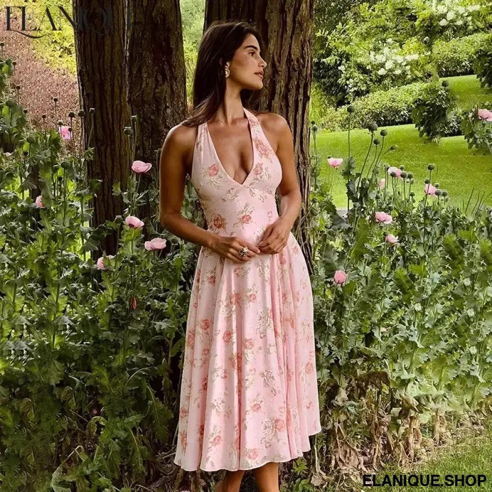a alta para mujer, traje Sexy con estampado, escote en V profundo, sin mangas, Espalda descubierta, para fiesta de cumpleaños - Elanique