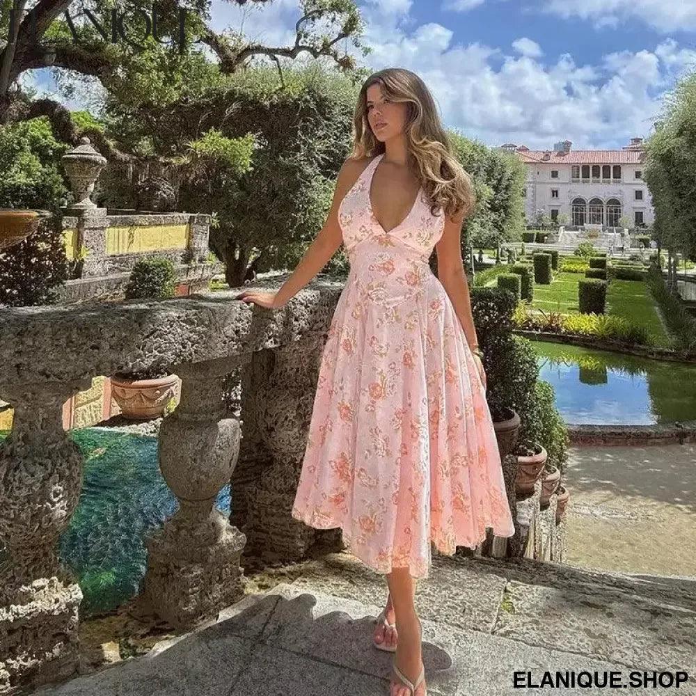a alta para mujer, traje Sexy con estampado, escote en V profundo, sin mangas, Espalda descubierta, para fiesta de cumpleaños - Elanique