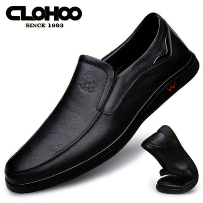 CLOHOO Men's Slip-On/Slip-Resistant Genuine Leather-like (Split Cowhide) Shoes - All-Season Casual & Dressy -like Sneakers with PU, Non-Skid Rubber Sole, Black/Brown for Business, Vacation, Casual Attire (No Laces)