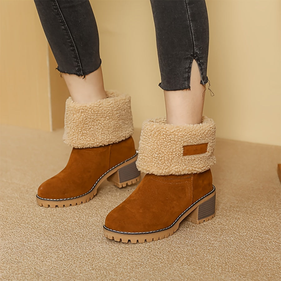 [Faux Fur Lined Boots] Warm Faux Fur Lined Women's Boots - Slip On Block Heeled Ankle Boots - Women's Footwear