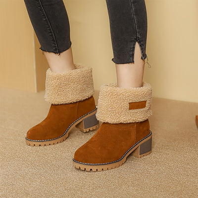 [Faux Fur Lined Boots] Warm Faux Fur Lined Women's Boots - Slip On Block Heeled Ankle Boots - Women's Footwear