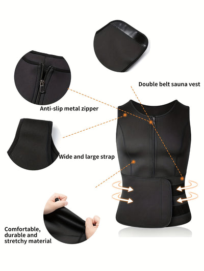 TKPARK Men's Adjustable Compression Tank Top & Waist Trainer - High-Elasticity Workout Shirt with Back Support, Sleeveless Gym Shaper Vest, Zipper Closure & Belt for Fitness Training, Fitness Compression Wear | Sleeveless Tan