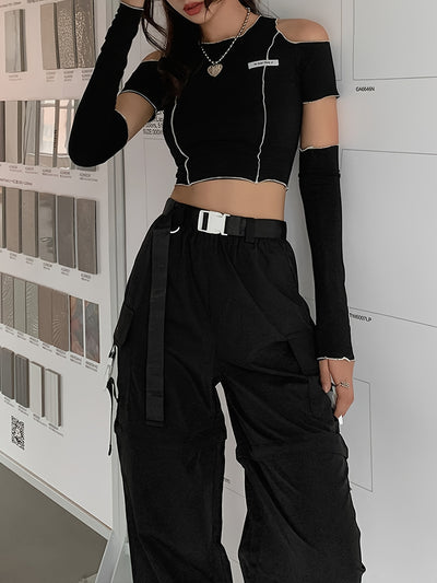 Off Shoulder Hollow Crew Neck T-shirt, Casual Loose Long Sleeve Fashion Summer Slim Bottoming T-Shirts Tops, Women's Clothing