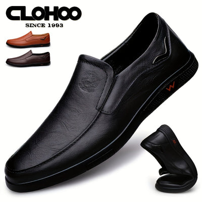 CLOHOO Men's Slip-On/Slip-Resistant Genuine Leather-like (Split Cowhide) Shoes - All-Season Casual & Dressy -like Sneakers with PU, Non-Skid Rubber Sole, Black/Brown for Business, Vacation, Casual Attire (No Laces)