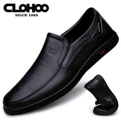 CLOHOO Men's Slip-On/Slip-Resistant Genuine Leather-like (Split Cowhide) Shoes - All-Season Casual & Dressy -like Sneakers with PU, Non-Skid Rubber Sole, Black/Brown for Business, Vacation, Casual Attire (No Laces)
