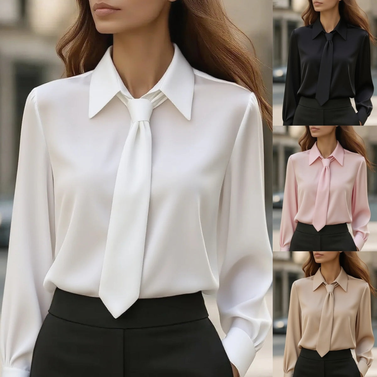 Solid Color Casual Tie Long Sleeve French Shirt Women's Shirt
