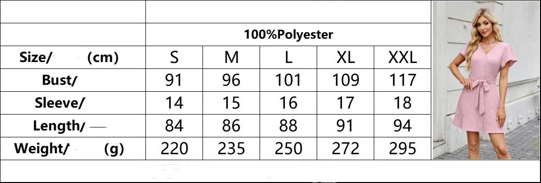 Solid color and v-neck belt button cardigan short sleeve dress