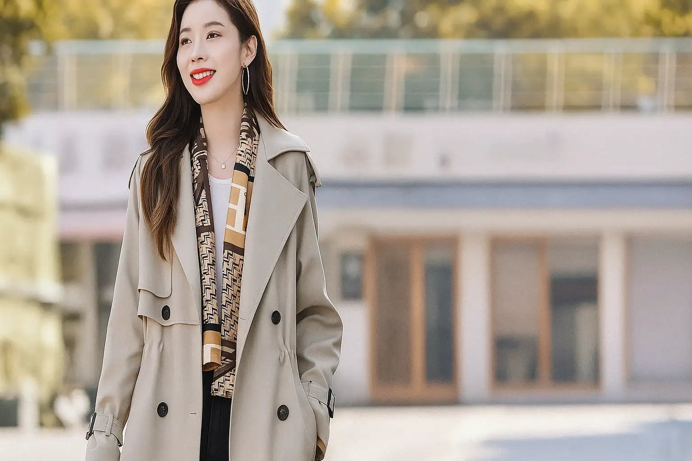 Beige trench coat with double-breasted design and patterned scarf.