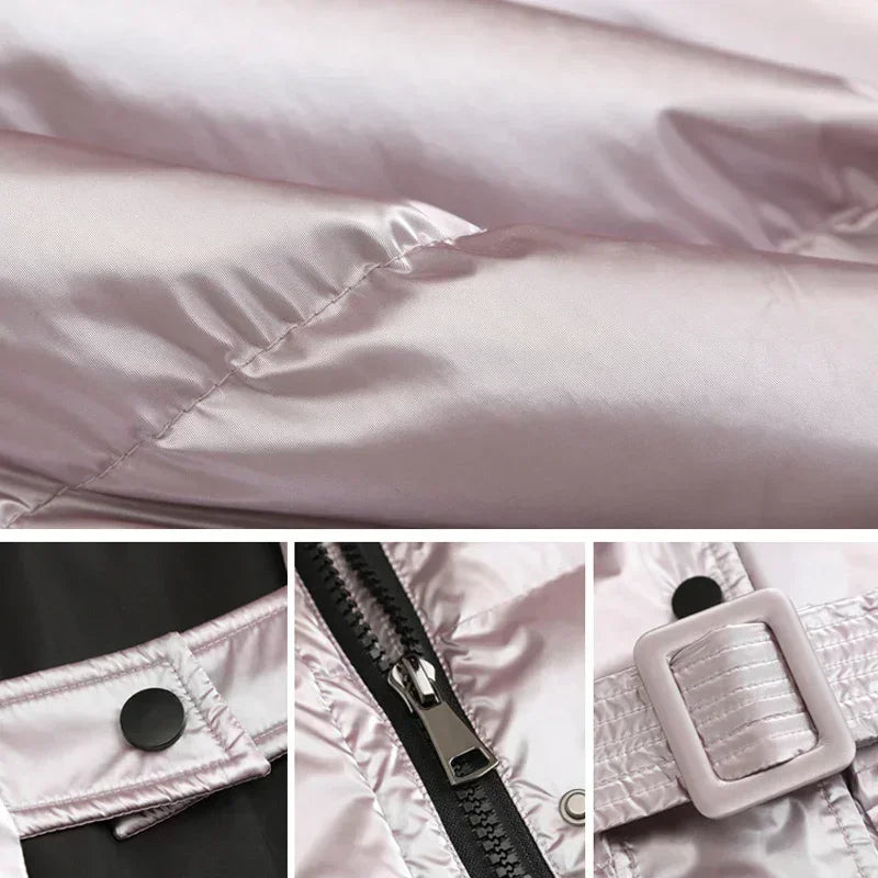Winter jacket thick mid-length waist white duck down jackets slim belt silver shiny parka women coat