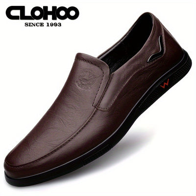 CLOHOO Men's Slip-On/Slip-Resistant Genuine Leather-like (Split Cowhide) Shoes - All-Season Casual & Dressy -like Sneakers with PU, Non-Skid Rubber Sole, Black/Brown for Business, Vacation, Casual Attire (No Laces)