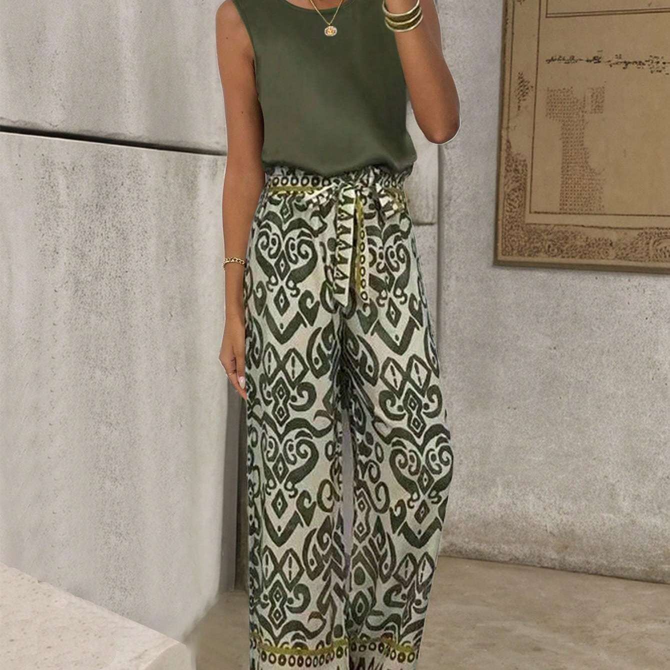 Women's Printed Belt Loose Casual Wide-leg Pants