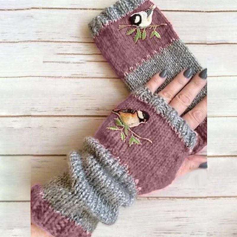 Warm Stitching Embroidered Gloves Women