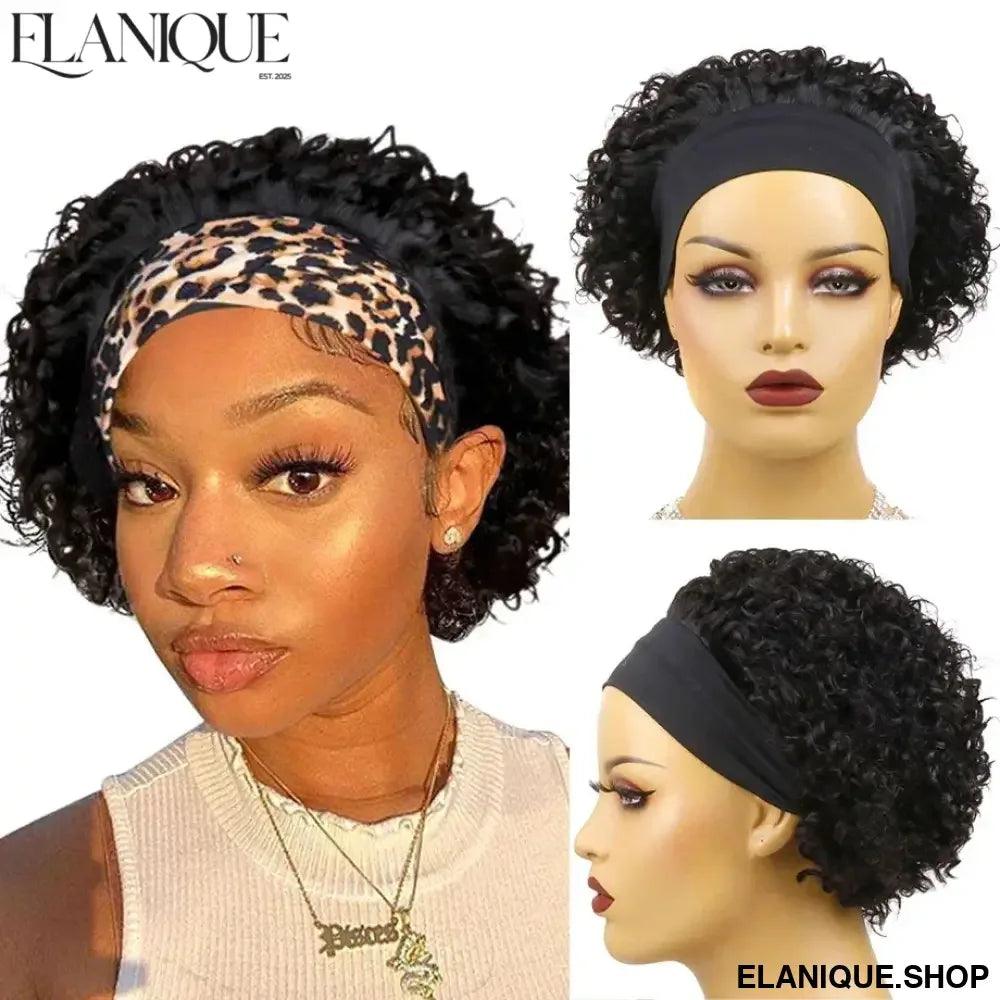 Curly Headband Wig Human Hair - Short Bob Kinky Curls, Universal Cap Fit Wig for Women with Headband, Fashionable &Machine Made - Elanique