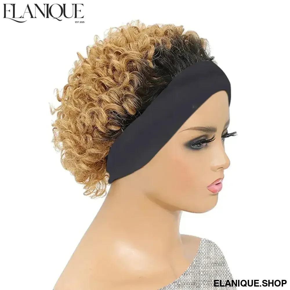 Curly Headband Wig Human Hair - Short Bob Kinky Curls, Universal Cap Fit Wig for Women with Headband, Fashionable &Machine Made - Elanique