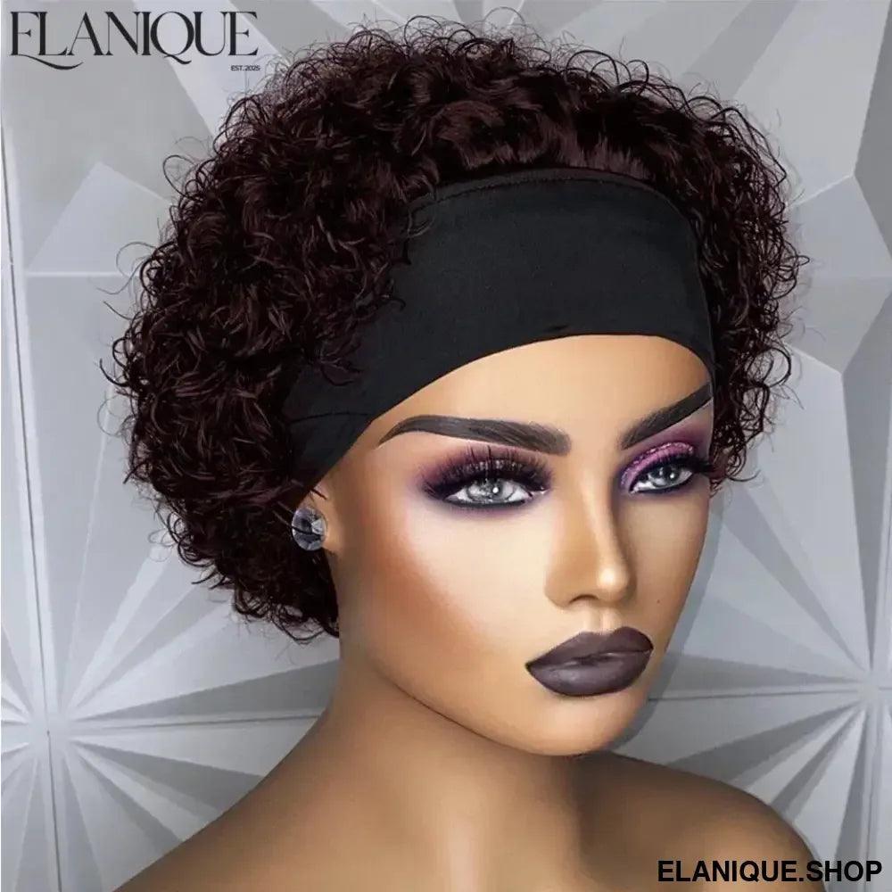 Curly Headband Wig Human Hair - Short Bob Kinky Curls, Universal Cap Fit Wig for Women with Headband, Fashionable &Machine Made - Elanique