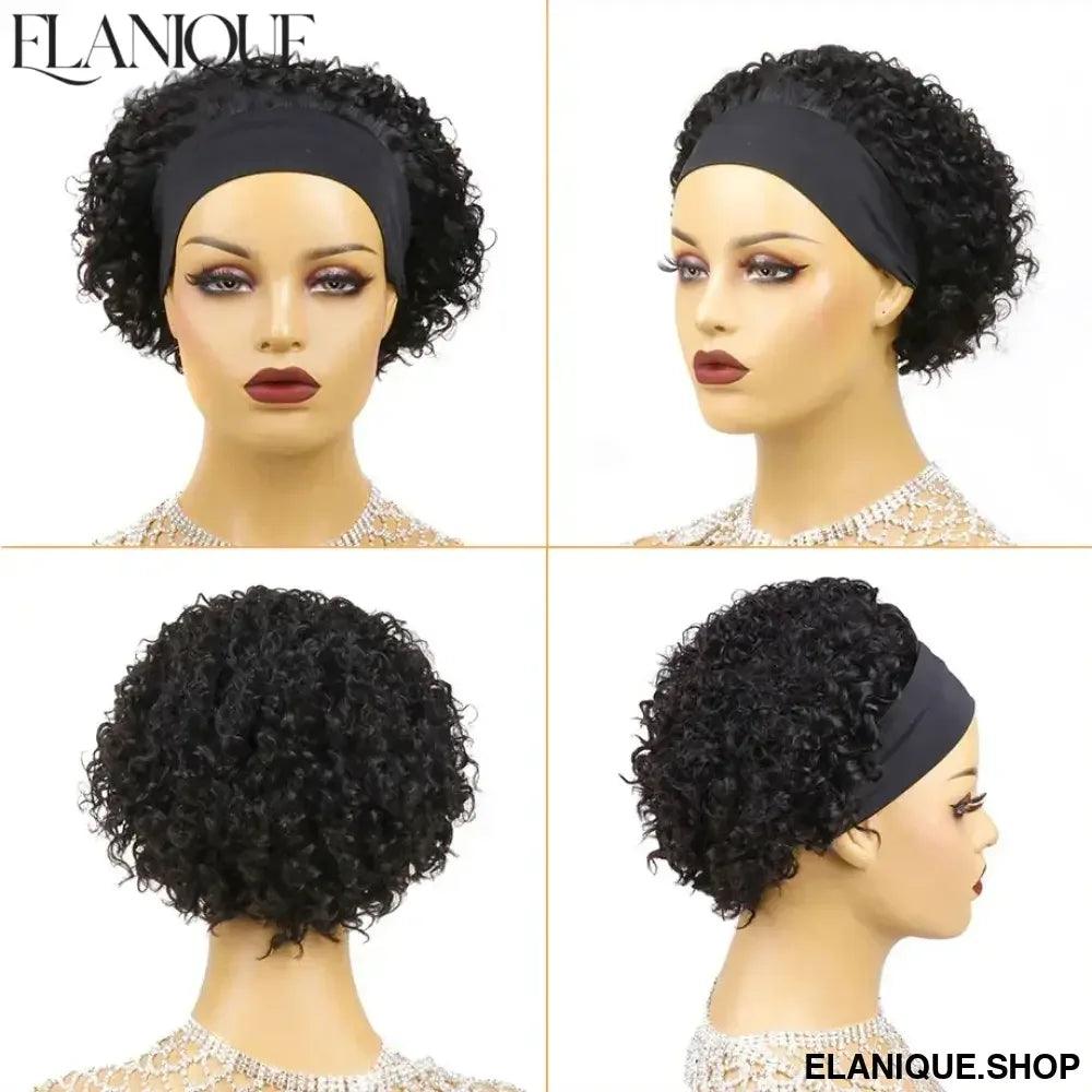 Curly Headband Wig Human Hair - Short Bob Kinky Curls, Universal Cap Fit Wig for Women with Headband, Fashionable &Machine Made - Elanique