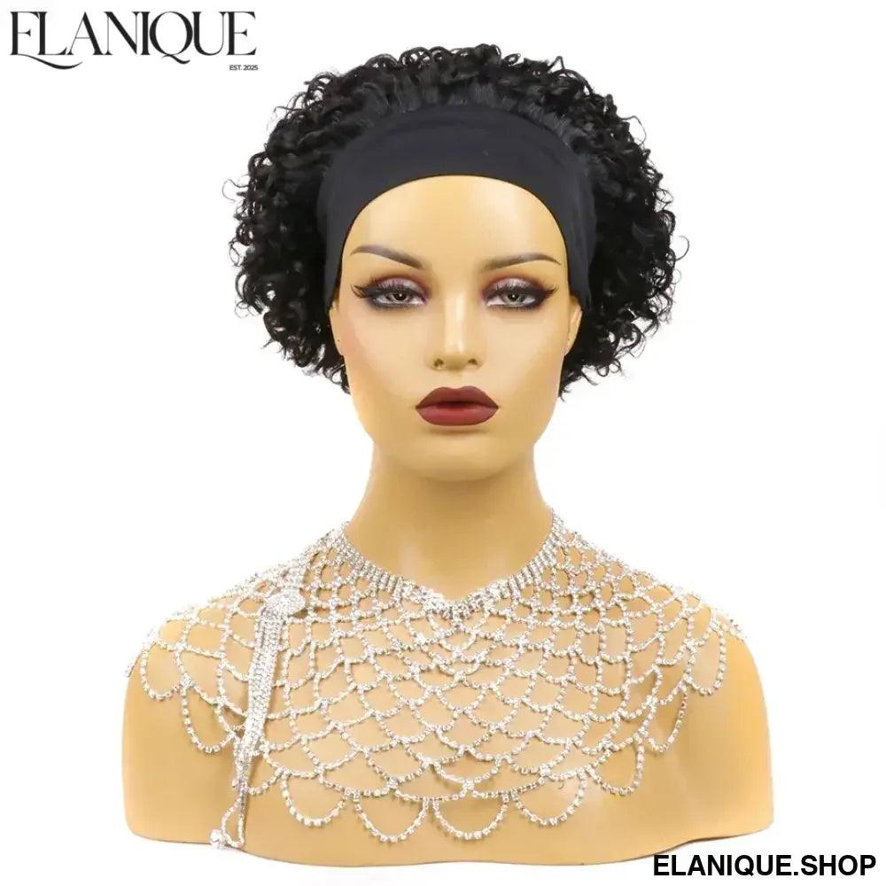 Curly Headband Wig Human Hair - Short Bob Kinky Curls, Universal Cap Fit Wig for Women with Headband, Fashionable &Machine Made - Elanique