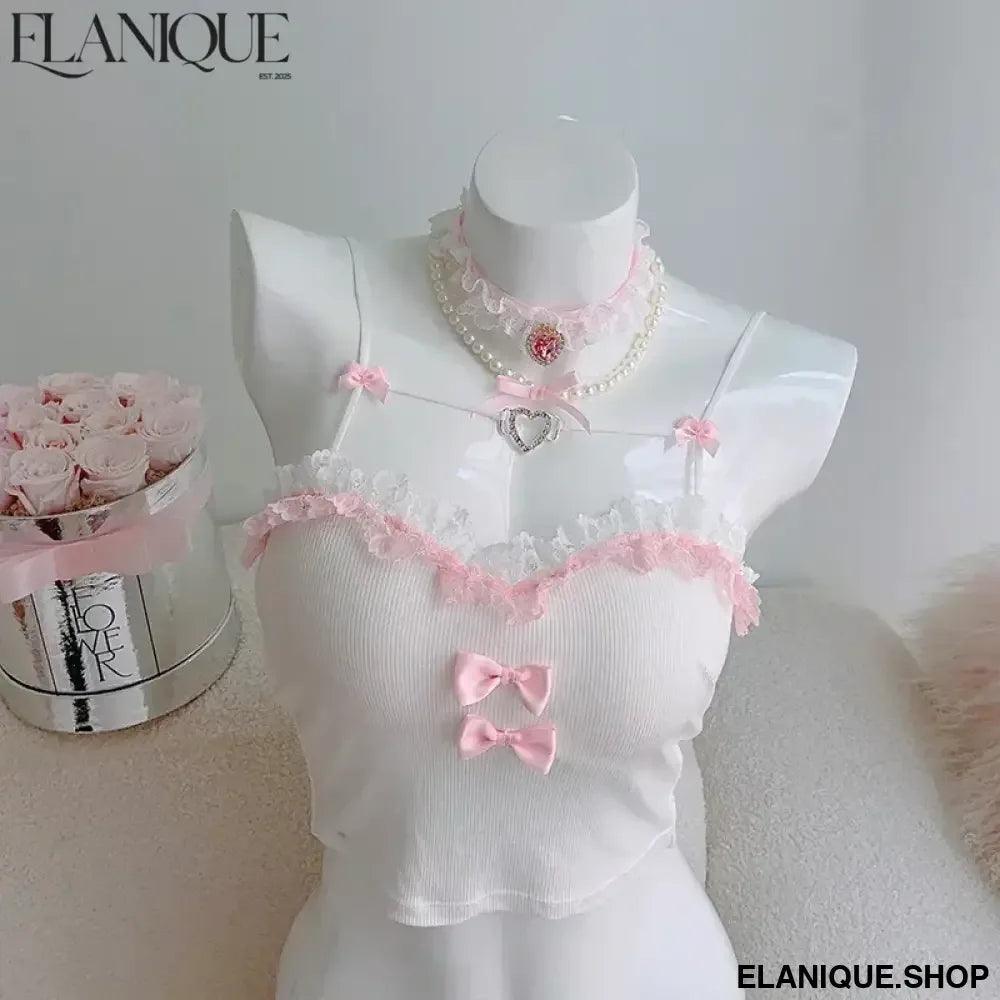 Cute Lace Trim Crop Top - Bow Detail Sweet Style - Elanique