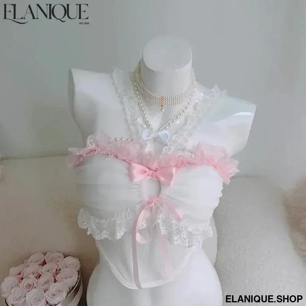 Cute Lace Trim Crop Top - Bow Detail Sweet Style - Elanique
