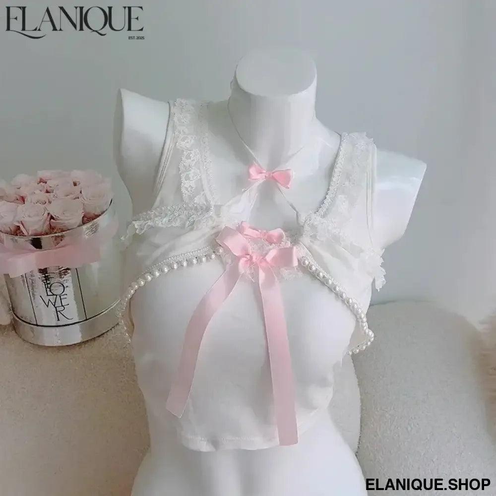 Cute Lace Trim Crop Top - Bow Detail Sweet Style - Elanique