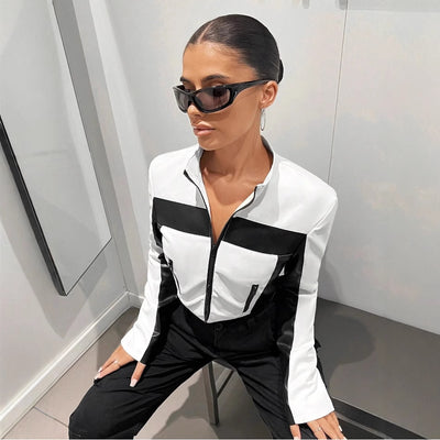 Black And White Contrast Color Leather Coat Women's Zipper Short Slim Jacket