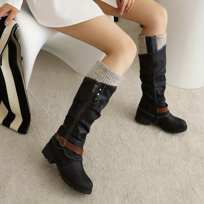 Mid-calf vintage western boots for women; warm, anti-slip, flat, cold-proof long boots in winter.
