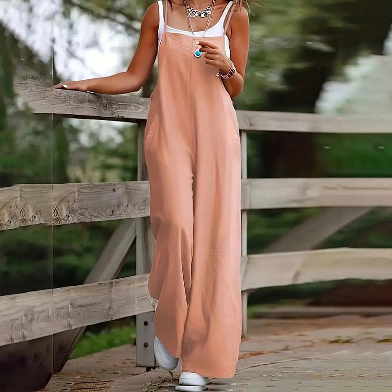 Plus Size Women's Solid Color Casual Jumpsuit - Sleeveless Romper With Pockets For Spring&Summer