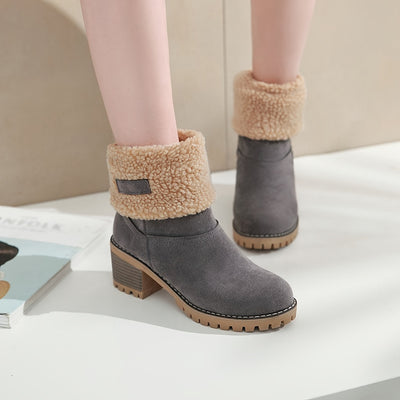 [Faux Fur Lined Boots] Warm Faux Fur Lined Women's Boots - Slip On Block Heeled Ankle Boots - Women's Footwear