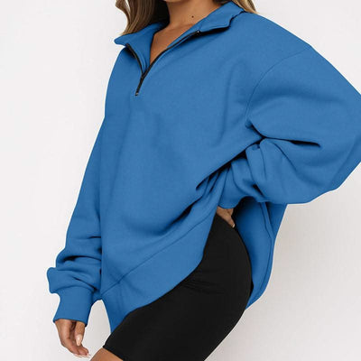 Women zip turndown collar loose casual tops