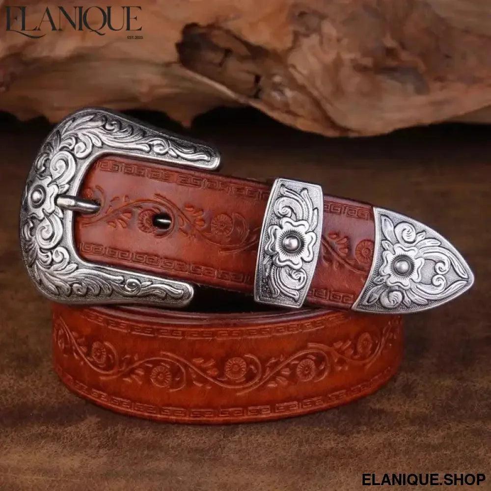 Designer High Quality Genuine Leather Strap Retro Flower Printing Belts Men | Pin Buckle Belt - Elanique